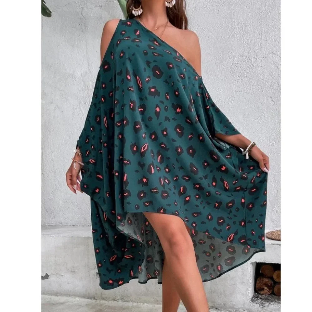 Dolman Sleeve Asymmetrical Neck animal Print Dip Hem Dress - Picture 5 of 6